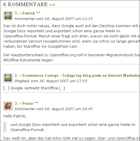 Die Auflistung der Kommentare (Ausschnitt)