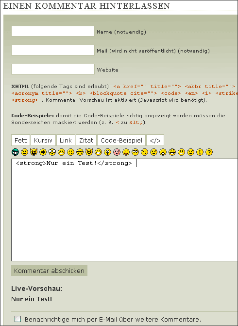 Das Kommentarformular