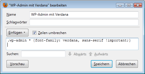 WordPress-Backend ohne Arial