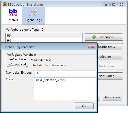 BBCodeXtra: neuen Code-Fragment erstellen