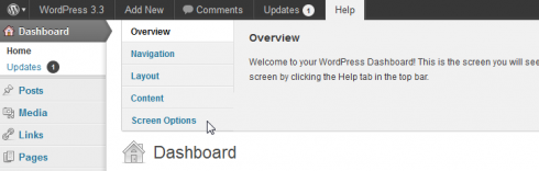 Screen Options als Teil der WordPress-Hilfe Screen Options als Teil der WordPress-Hilfe