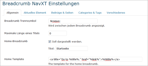 Einstellungen von Breadcrumb NavXT