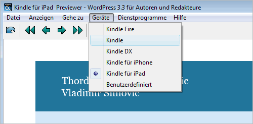 Kindle Previewer mit zusätzlichen, simulierten Geräten