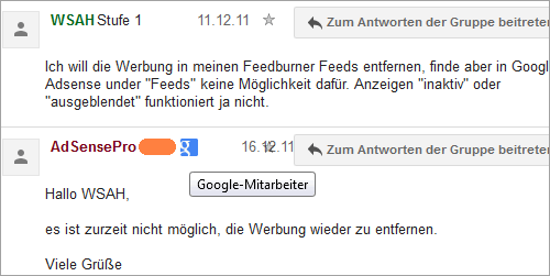 Google AdSense aus den Feeds kann man nicht entfernen