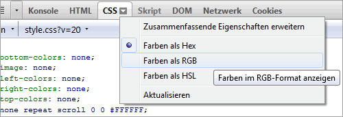 Farbwerte in Firebug 1.10