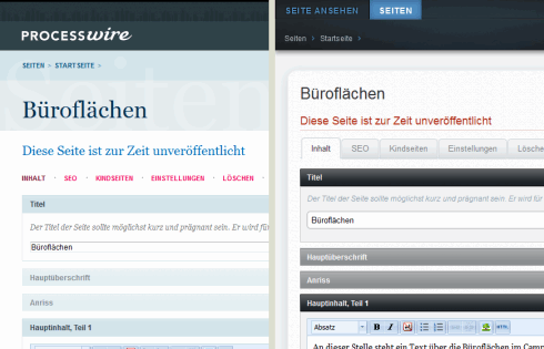 Dieselbe Ansicht des Backends – links mit dem Standard Admin Theme von ProcessWire, rechts mit dem Teflon Admin Theme. Dieselbe Ansicht des Backends – links mit dem Standard Admin Theme von ProcessWire, rechts mit dem Teflon Admin Theme.
