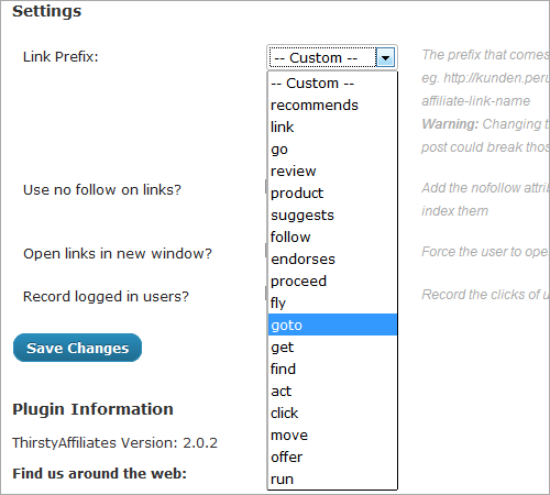 Einstellungen von dem WordPress-Plugin ThirstyAffiliates