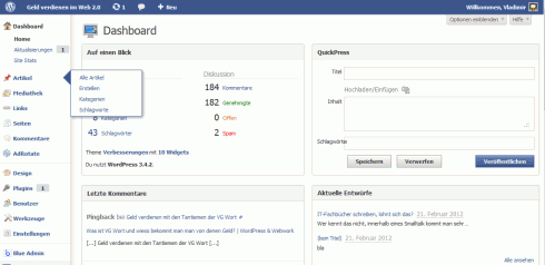 WordPress: Blue Admin im Einsatz WordPress: Blue Admin im Einsatz