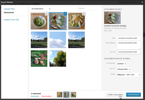 WordPress 3.5: Selektierte Bilder in eine Galerie einfügen