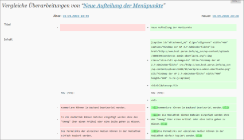 Vergleich von unterschiedlichen Versionen eines Beitrags in WordPress 3.5