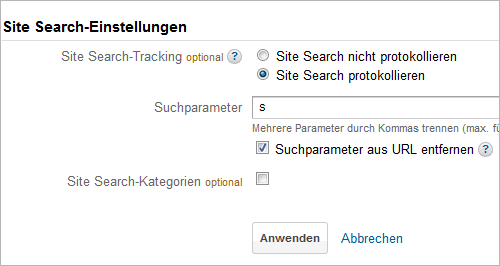 Profileinstellungen von Google Analytics: Suchparameter eingeben