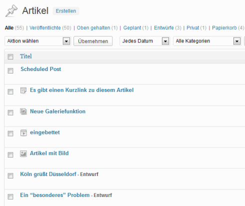 WordPress 3.6: Artikelübersicht mit Formatvorlagen