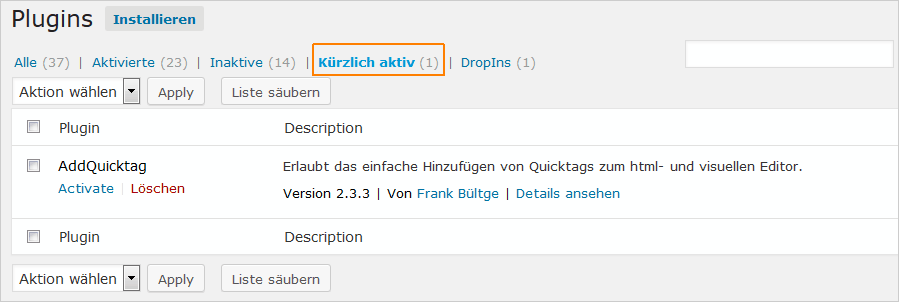 WordPress: kürzlich aktiver Plugin