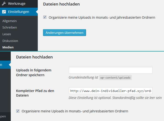 WordPress: individuellen Upload-Ordner bestimmen