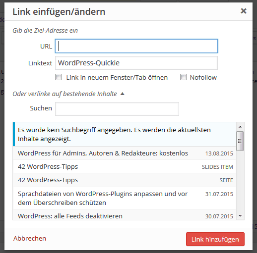 WordPress 4.2: Links einfügen (Standard)