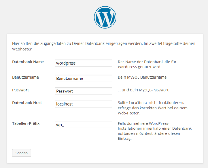 Notwendige Angaben für die Datenbank