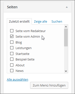 WordPress-Menüpunkt auswählen und hinzufügen