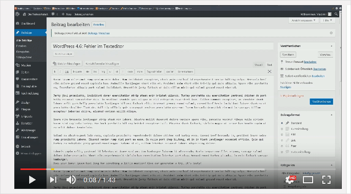 Screencast: Fehler im Texteditor von WordPress 4.6