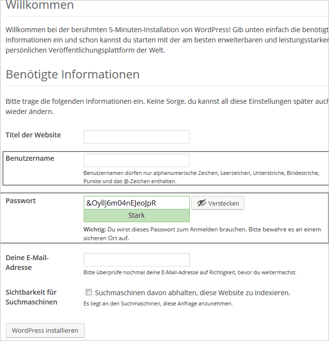 WordPress-Installation: Wahl des Benutzernamens und starkes Passwort dank des eingebauten Generators