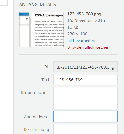 Anhang-Details in WordPress