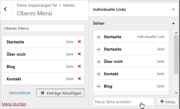 Seiten im Customizer erstellen