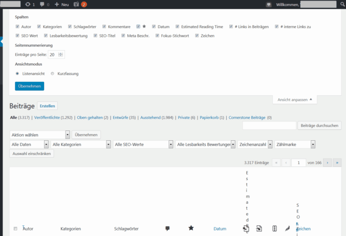 Die Ansicht über alle Beiträge in WordPress-Backend ist zerschossen