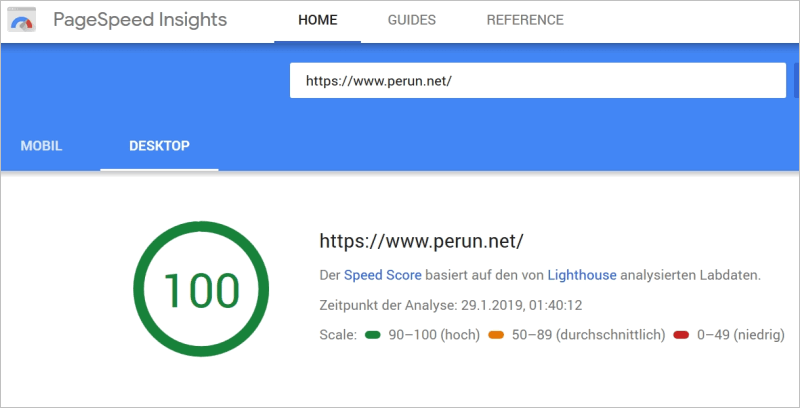 Google PageSpeed Insights in Aktion: Das Desktop-Ergebnis fĂĽr perun.net: 100 von 100 Punkten