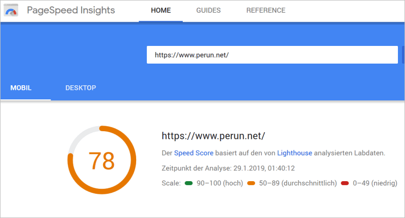 Google PageSpeed Insights in Aktion: Das mobile Ergebnis fĂĽr perun.net: 78 von 100 Punkten