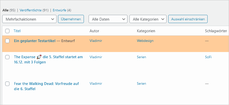 WordPress: Hervorgehobener Entwurf in der Übersicht