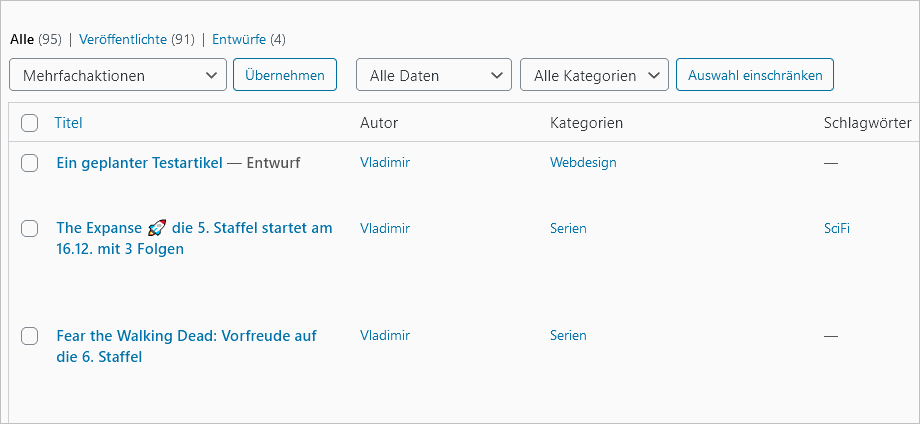 WordPress: Standardübersicht mit einem Entwurf