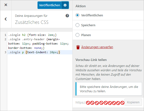 Custom CSS speichern oder planen