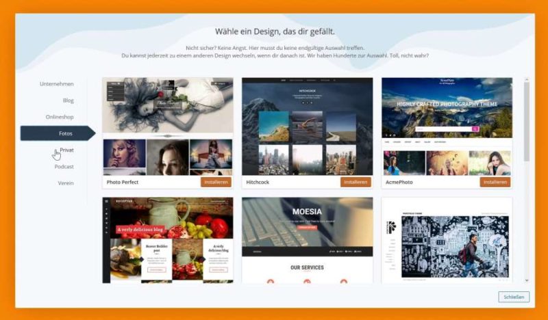 Auswahl an Themes bei Strato