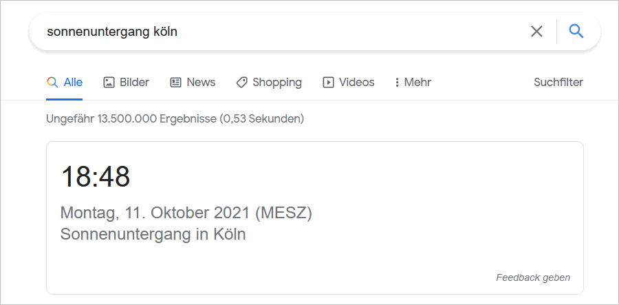 Zeiten für Sonnenuntergang in der Google Suche