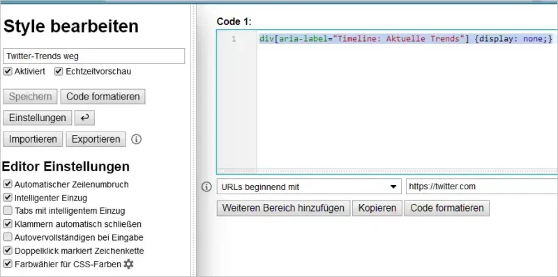 Screenshot: CSS-Code für das Entfernen der Twitter-Trends