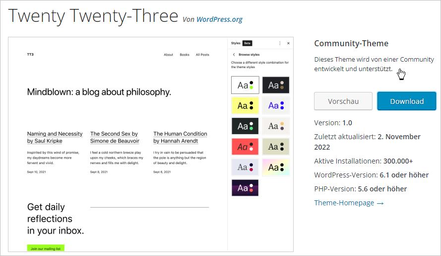 Scrrenshot des Twenty Twenty-Three-Themes im offiziellen WordPress-Verzeichnis mit dem Hinweis auf die neue Kategorie "Community-Theme"