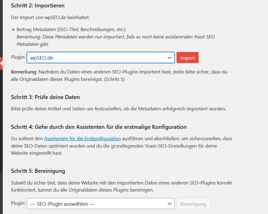 Yoast-Importer, der u. a. die Daten aus wpSEO importieren kann