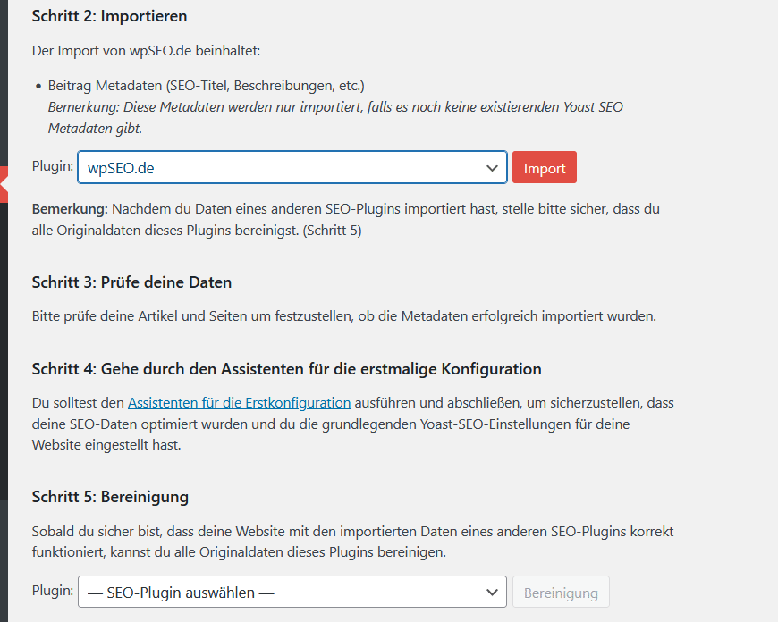 Yoast-Importer, der u. a. die Daten aus wpSEO importieren kann