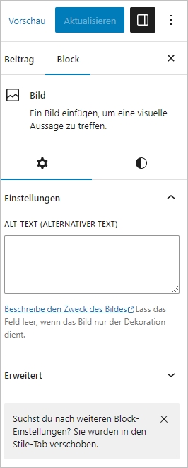 Block-Einstellungen in  WordPress 6.2