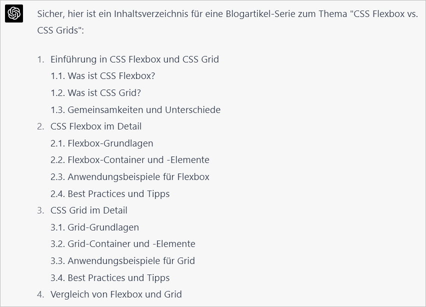 ChatGPT: Inhaltsverzeichnis zum Thema "CSS: Flexbox vs. Grids".