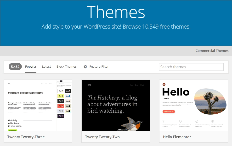 Screenshot des offiziellen WordPress-Themes-Verzeichnis