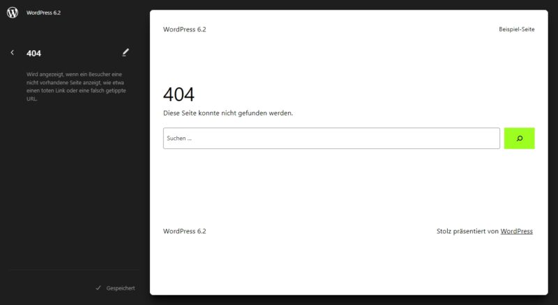 Website-Editor mit 404-Fehlerseite im WordPress Standard-Theme Twenty Twenty-Three
