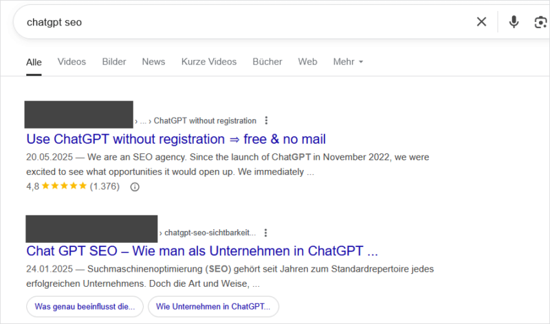 Google-Suchergebnisse für "ChatGPT SEO"