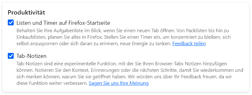 Einstellungen → Firefox Labs → Notizen und Pomodoro-Timer aktivieren